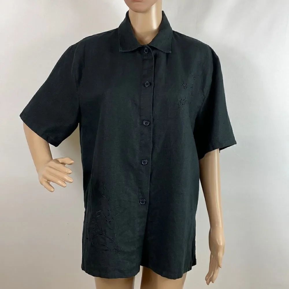 JPR Outfit 100% linen black eyelet short sleeve bottom up shirt size S